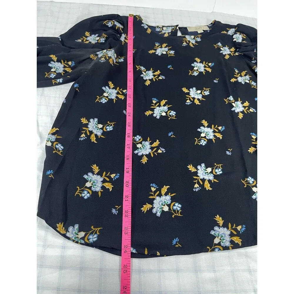 LOFT Womens Small Floral Blouse Navy Blue Long Puff Sleeve Pleated Shoulder S